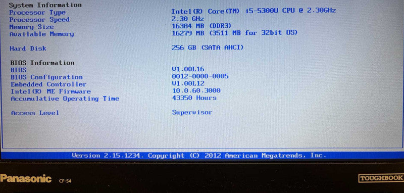 Panasonic ToughBook CF-54 Intel Core i5-5300U 16GB RAM 256GB SSD 43350 Hrs