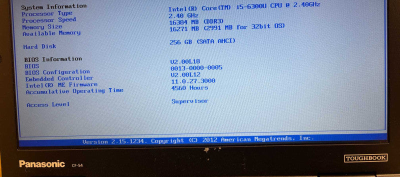 Panasonic ToughBook CF-54 Core i5-6300U@2.4GHz 16GB RAM 256GB SSD 4560Hrs.