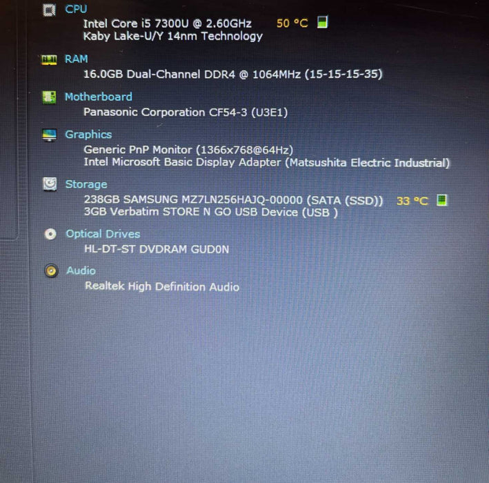 Panasonic ToughBook CF-54 i5-7300 16GB 256SSD Missing \\"G\\" Key 10800Hrs. READ!