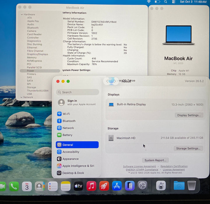 Apple MacBook Air 13" M1 2020 16GB RAM 256GB SSD No Power Adapter READ!