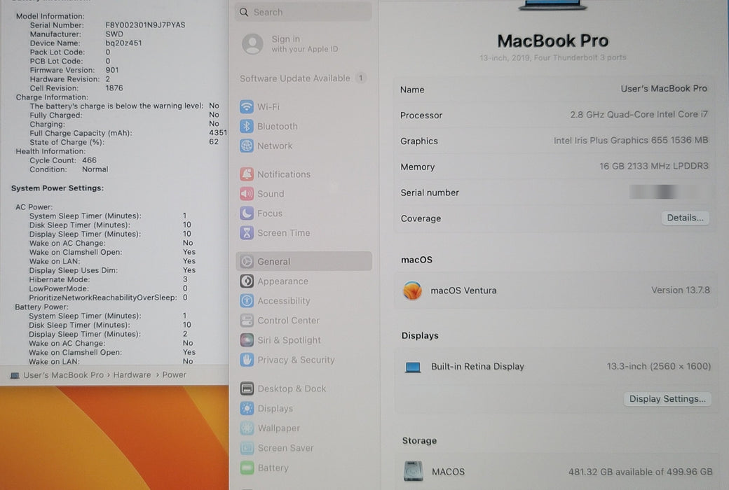 Apple MacBook Pro 13" 2019 A1989 i7 2.8GHz 16GB RAM 500GB SSD NO POWER ADAPTER