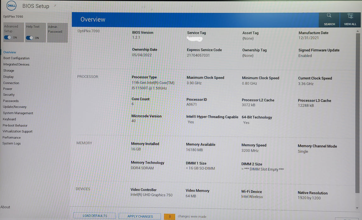 Dell OptiPlex 7090 Micro Core i5-11500T CPU 16GB DDR4 No HDD WiFi