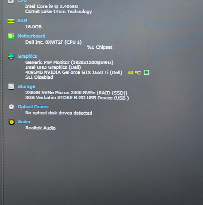 Dell XPS 15 9500 i9-10885H GTX1650Ti 4GB GPU 16GB RAM 256GB SSD No power Adapter