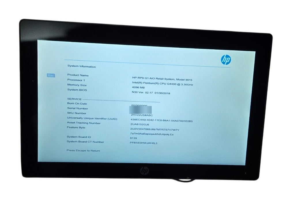 Like New HP RP9 G1 Model 9015 AiO POS Pentium G4400 3.30GHz, 4GB RAM, 120GB SSD