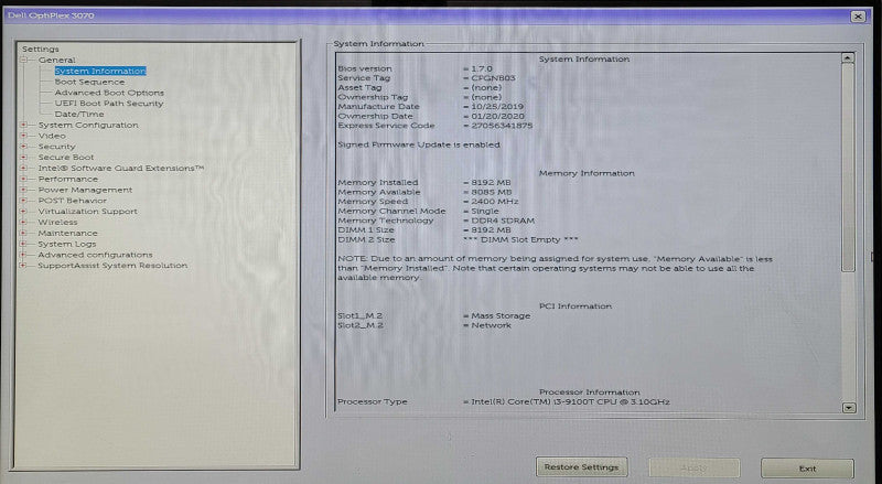 Dell OptiPlex 3070 USFF, i3-9100T 3.10GHz 4C, 8GB DDR4, 128GB NVMe, WiFi