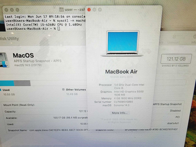 Apple Macbook Air 2014 13\\" 2-Core i5-4260U @ 1.4GHz 4GB DDR3 120GB SSD [Sonoma OS] (