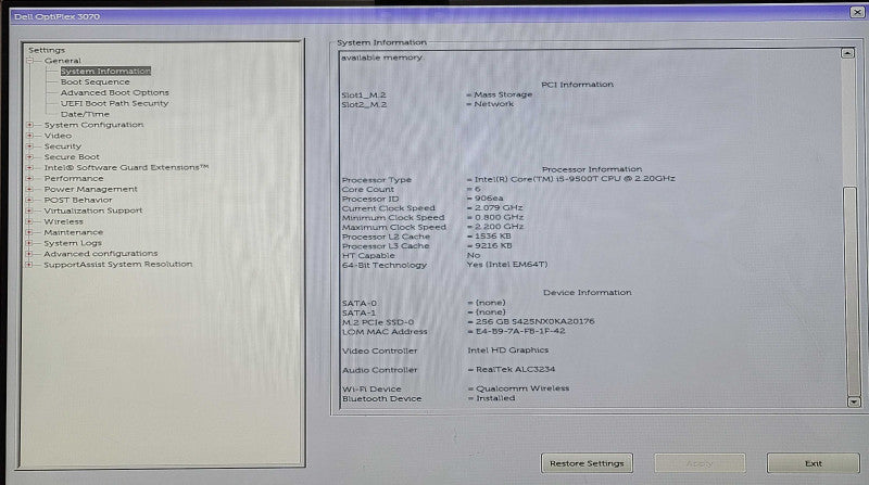 Dell OptiPlex 3070 USFF, i5-9500T 3.10GHz 6C, 8GB DDR4, 256GB NVMe, WiFi