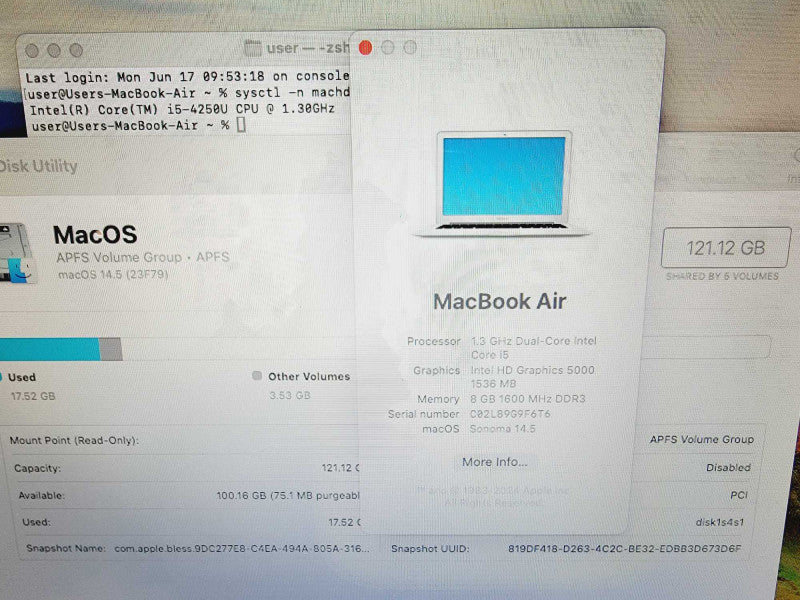 Apple Macbook Air 2013 13\\" 2-Core i5-4250U @ 1.3GHz 8GB DDR3 120GB SSD [Sonoma OS] (