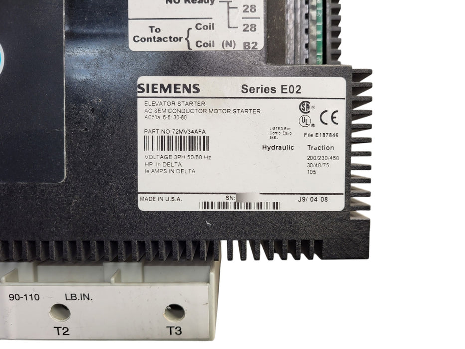 Siemens 72MV34AFA Series E02 Elevator Starter Solid State Motor Starter