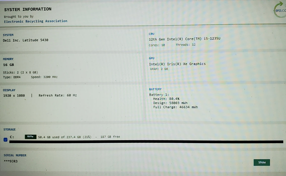 Dell Latitude 5430 14" i5-1235U 16GB DDR4 256GB NVMe READ