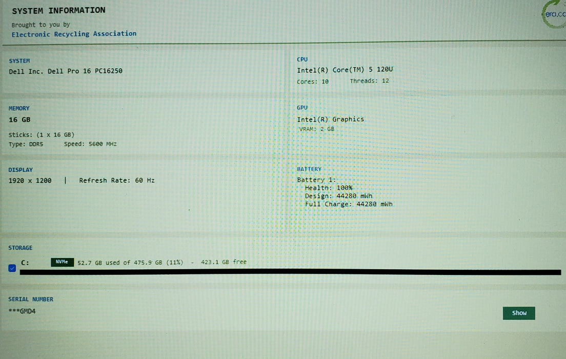 Dell Pro 16 PC16250 Intel Core 5 120U 16 GB RAM 512GB SSD