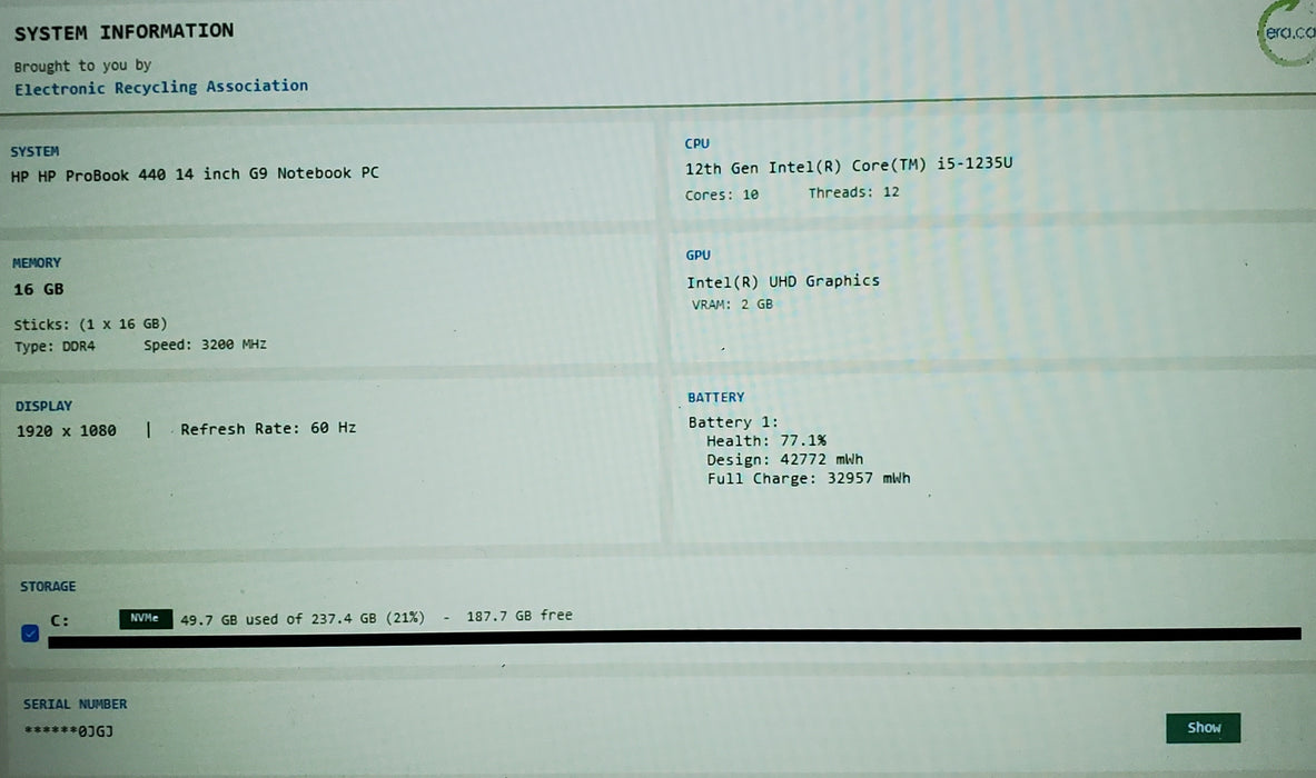 HP ProBook 440 G9 Intel Core i5-1235U 16GB Ram 256GB SSD READ