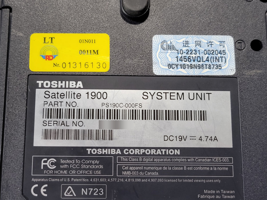 Toshiba Satellite 1900 - Pentium 4 1.60GHz 768MB RAM 30GB HDD + PWR ADAPTER