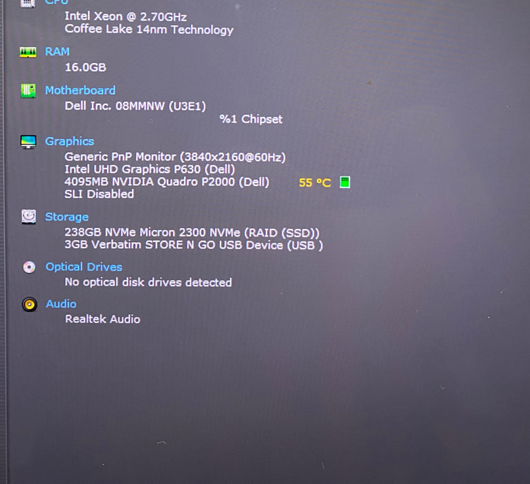 Dell Precision 5530 4K TOUCH XEON E-2176M QUADRO P2000 4GB GPU 16GB RAM 256 SSD