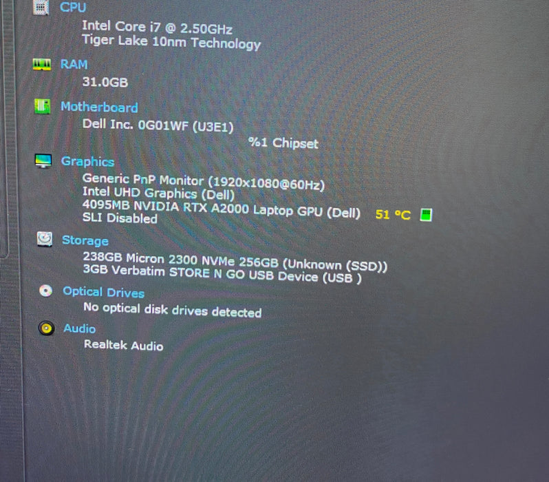 Dell Precision 7560 i7-11850H RTX A2000 4GB GPU 32GB RAM 256GB SSD