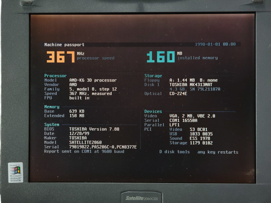 Toshiba Satellite 2060CDS - AMD-K6 367MHz 160MB RAM 4.3GB HDD CD-ROM