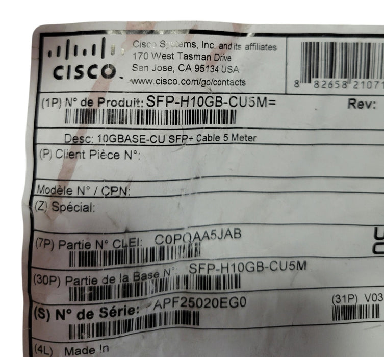Cisco SFP-H10GB-CU5M - 10GBASE-CU SFP+ Direct Attach Copper Cable 5m