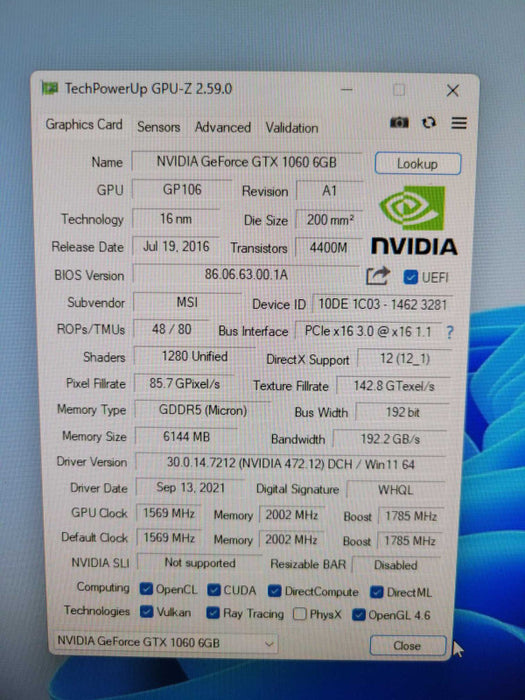 MSI NVIDIA GTX 1060 6GB PCIE %