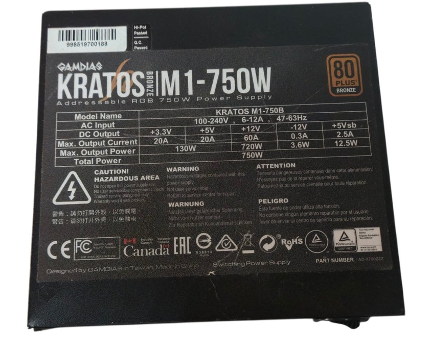 Gamdias Kratos M1-750B - 750W 80+ Bronze Addressable RGB ATX Power Supply