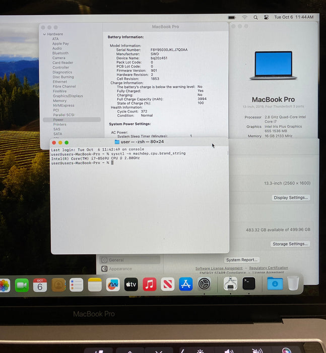 Apple MacBook Pro 13 Touch Bar 2019 i7-8569U 16GB RAM 512GB SSD No Power Adapter