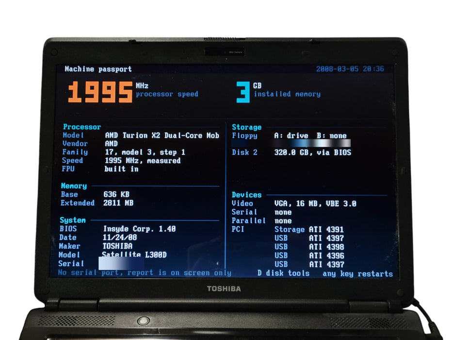 Toshiba Satellite L300D-03K - AMD Turion X2 RM-70 3GB RAM 320GB HDD + PWR ADPTR