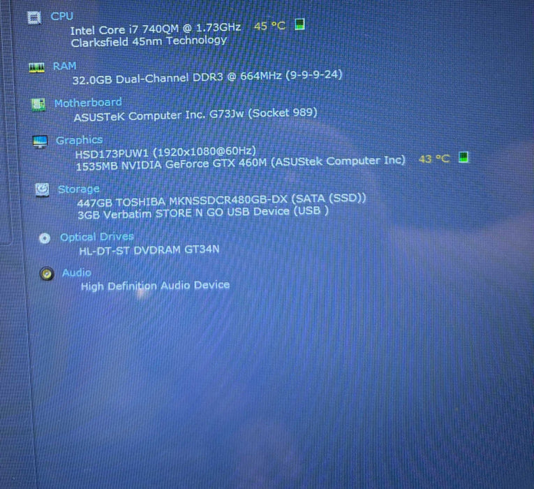 Asus ROG G73JW i7-Q740@1.73GHz 1st Gen GTX 460M 1.5GB GPU 32GB RAM 480GB SSD