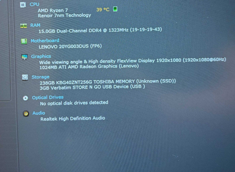 Lenovo ThinkPad E15 Ryzen 7-5700@1.8GHz 16GB 256SSD No Power Adapter READ!  Lap200