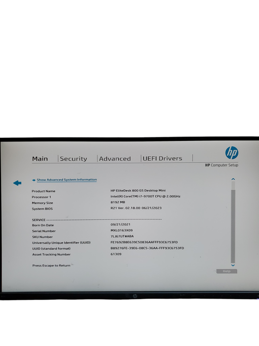 HP EliteDesk 800 G5 Mini Intel i7 9700T 2.0GHz 8GB RAM NO-HDD/SSD