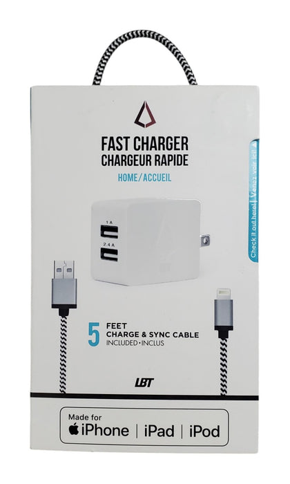 NEW - LBT LBT1212 3.4A Dual USB Fast Charger with 5ft Lightning Cable