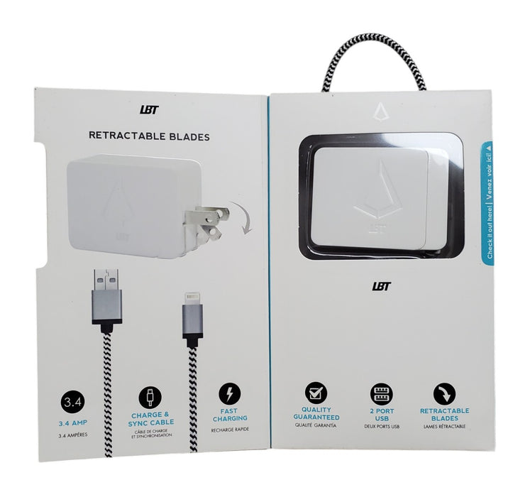 NEW - LBT LBT1212 3.4A Dual USB Fast Charger with 5ft Lightning Cable