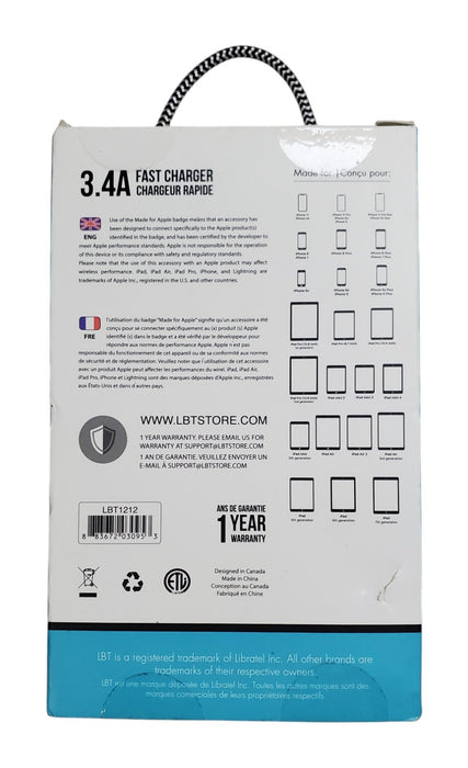 NEW - LBT LBT1212 3.4A Dual USB Fast Charger with 5ft Lightning Cable
