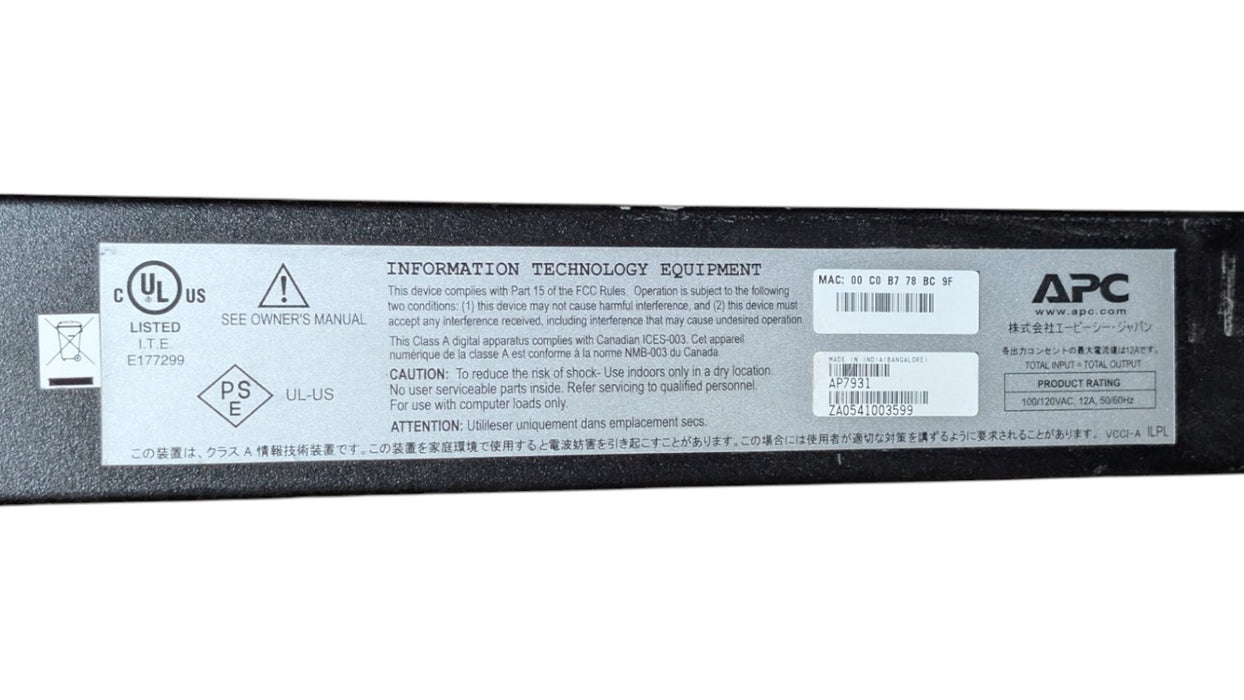 APC AP7931 - Switched Rack PDU 16-Outlet 100-120V 12A 0U Vertical