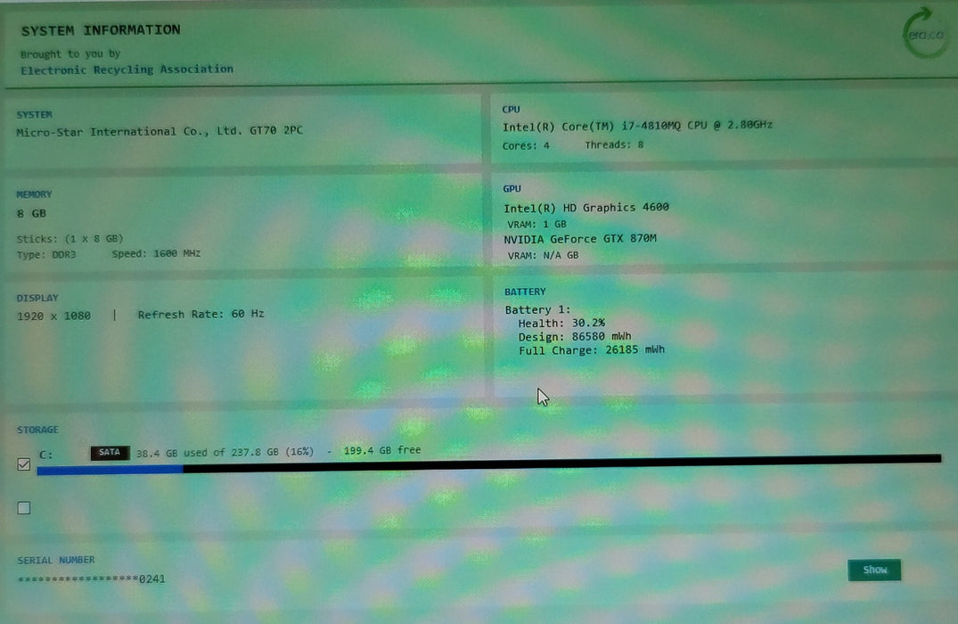 MSI GT70 2PC Dominator i7-4810MQ 8GB RAM 240GB SSD GTX 870M FHD no ac