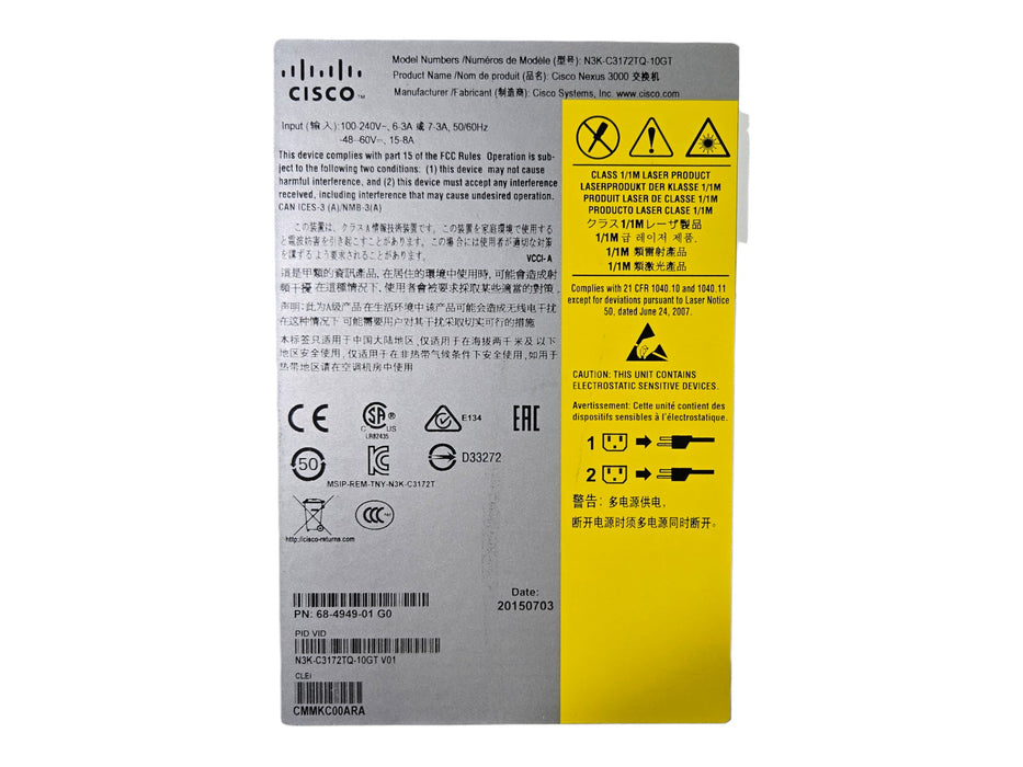 Cisco Nexus 3000 N3K-C3172TQ-10GT 48-Port 10GBase-T 6x 40G QSFP+ Switch
