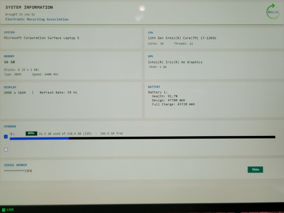 Microsoft Surface Laptop 5 1979 15" i7-1265U 16GB RAM 256GB NVMe Iris Xe