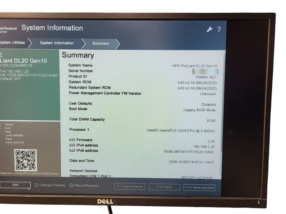 HPE ProLiant DL20 Gen10 - Xeon E-2224 3.4GHz 8GB ECC UDIMM Smart Array E208i-a