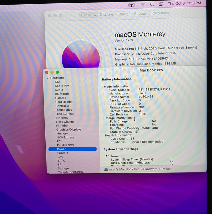Apple MacBook Pro 13" 2020 i5-1038NG7 16GB 512SSD Bad Battery For Parts/Repair