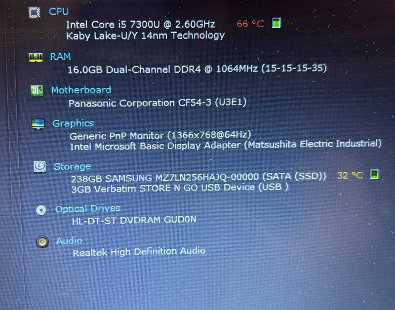 Panasonic ToughBook CF-54 Intel Core i5-7300U@2.6GHz 16GB 256SSD 21770 Hrs.