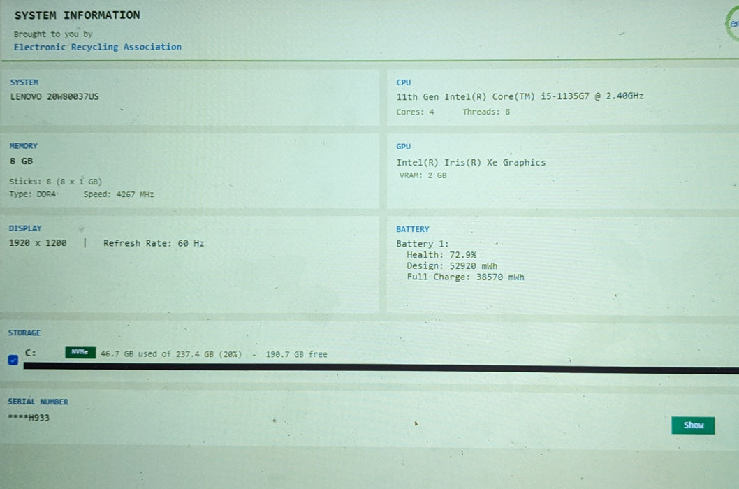 Lenovo ThinkPad X13 Yoga Gen 2 Touch i5-1135G7 2.40GHz 8GB 256GB SSD READ