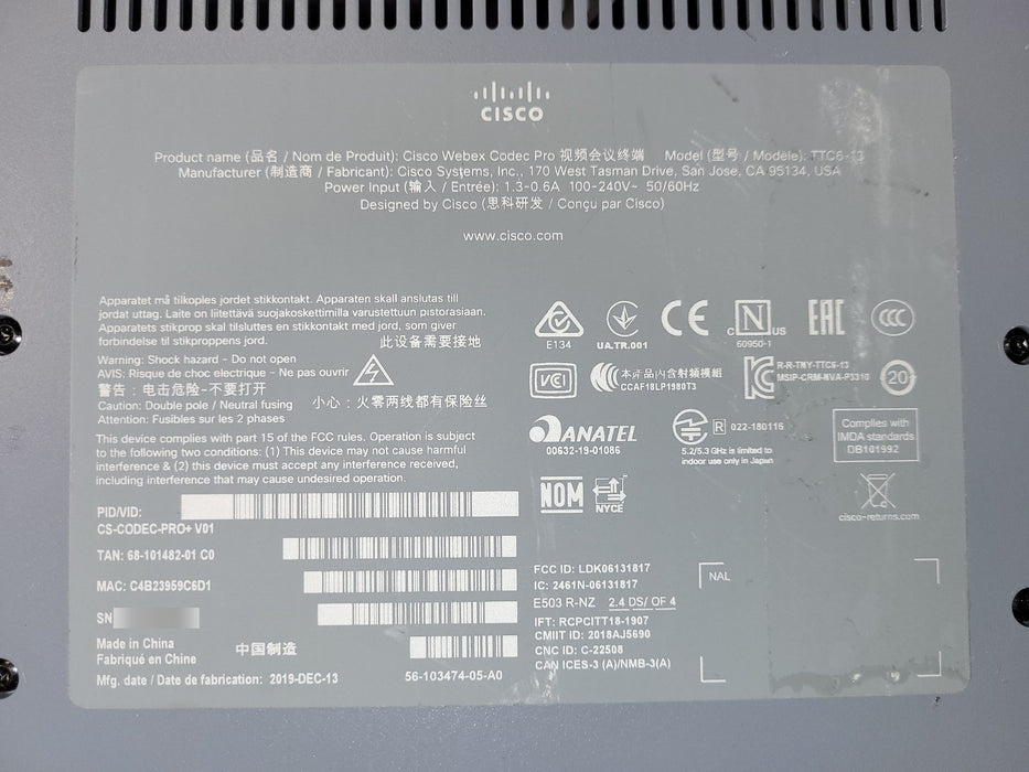 Cisco Webex Codec Pro TTC6-13 CS-CODEC-PRO+ Video Conference Unit