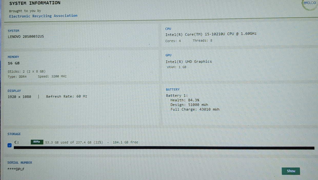 Lenovo ThinkPad T14 Gen 1 i5-10210U 16GB DDR4 256GB NVMe READ
