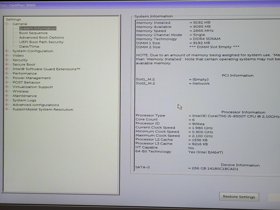 Dell OptiPlex 3060 Micro, Core i5-8500T 2.10GHz, 8GB RAM, 256GB SSD, Wi-Fi, READ