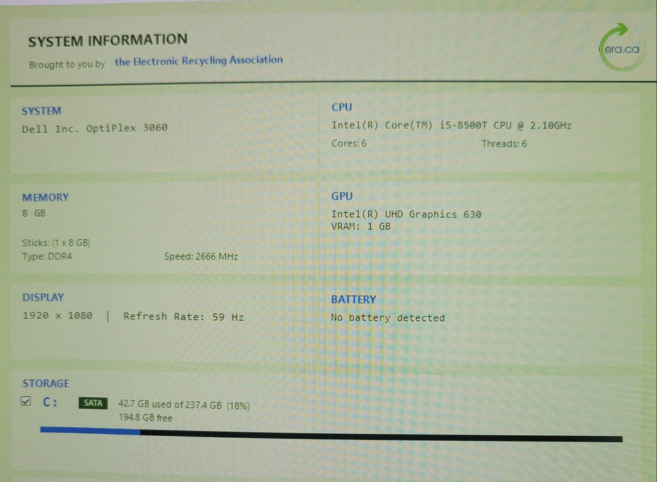 Dell OptiPlex 3060 Micro, Core i5-8500T 2.10GHz, 8GB RAM, 256GB SSD, Wi-Fi, READ