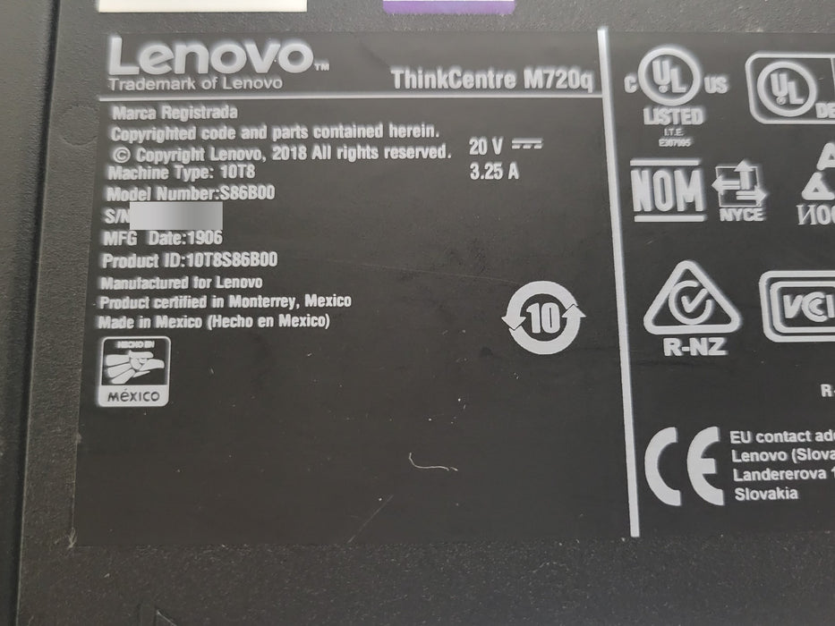 Lenovo ThinkCentre M720q Tiny Core i5-8500T 2.10GHz 8GB RAM 256GB NVMe SSD