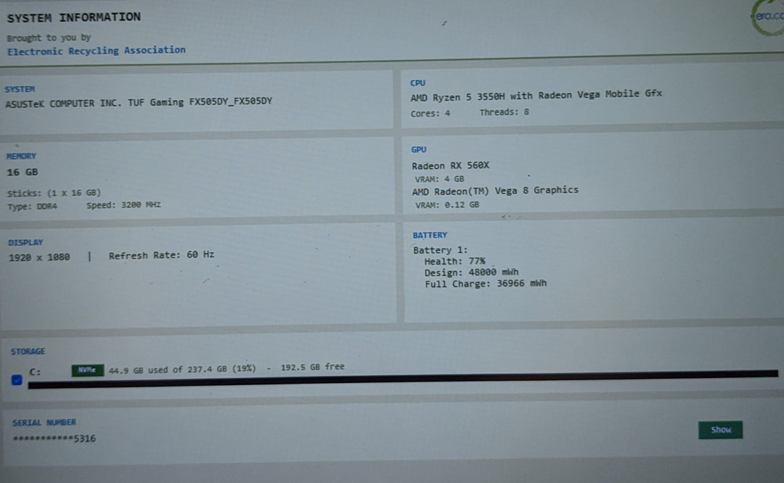 Asus TUF FX505DY Ryzen 5 3550H 16GB RAM 256GB SSD AMD Radeon RX 560X READ