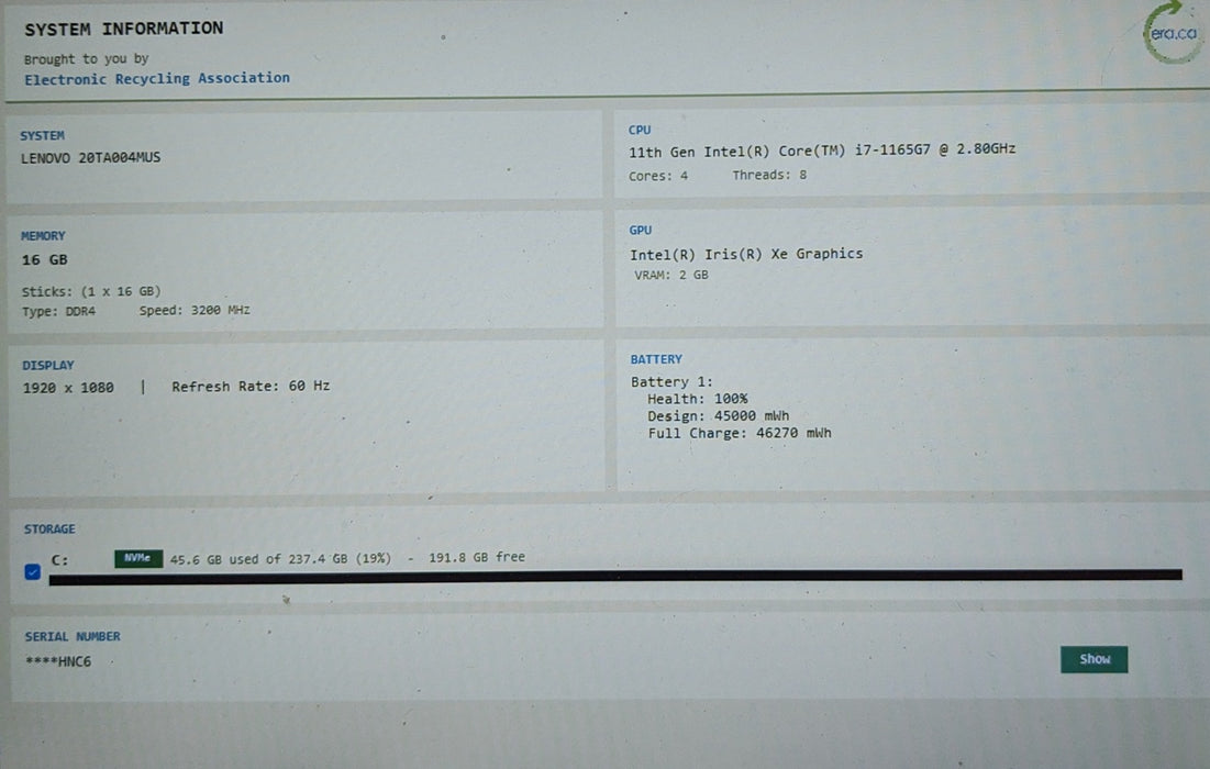 Lenovo ThinkPad E14 Gen 2 TOUCH Core i7-1165G7 2.80GHz 16GB RAM 256GB SSD READ
