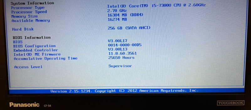 Panasonic ToughBook CF-54 Core i5-7300U@2.6GHz 16GB RAM 256GB SSD 25650Hrs.