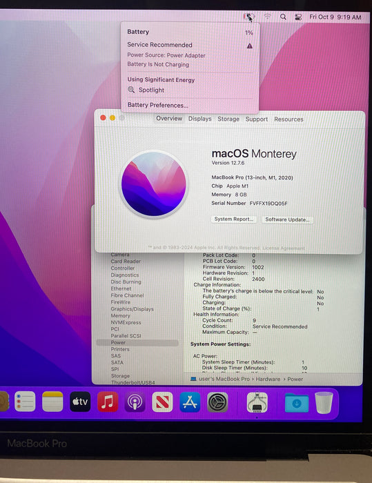 Apple MacBook Pro 13" M1 2020 8GB RAM 512GB SSD Faulty Battery For Parts/Repair
