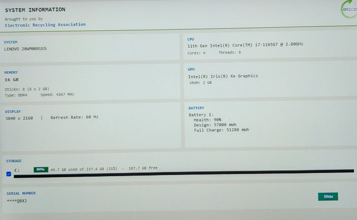 Lenovo ThinkPad T14s Gen 2 4K i7-1165G7 16GB DDR4 256GB NVMe READ