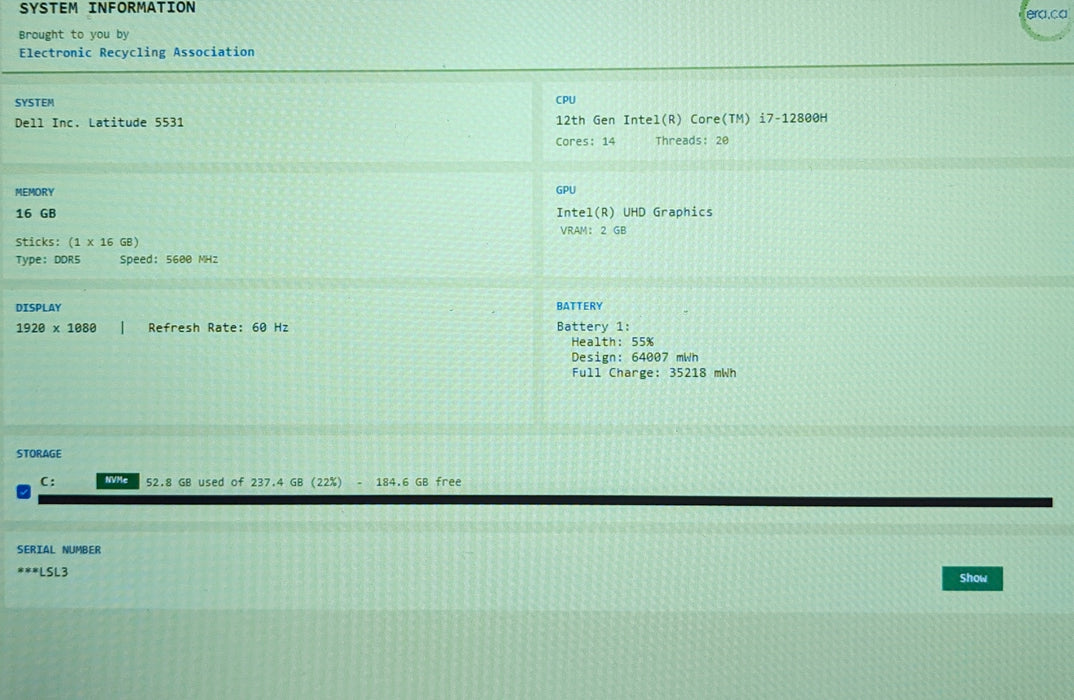 Dell Latitude 5531 Laptop i7-12800H 256GB SSD 16GB RAM READ